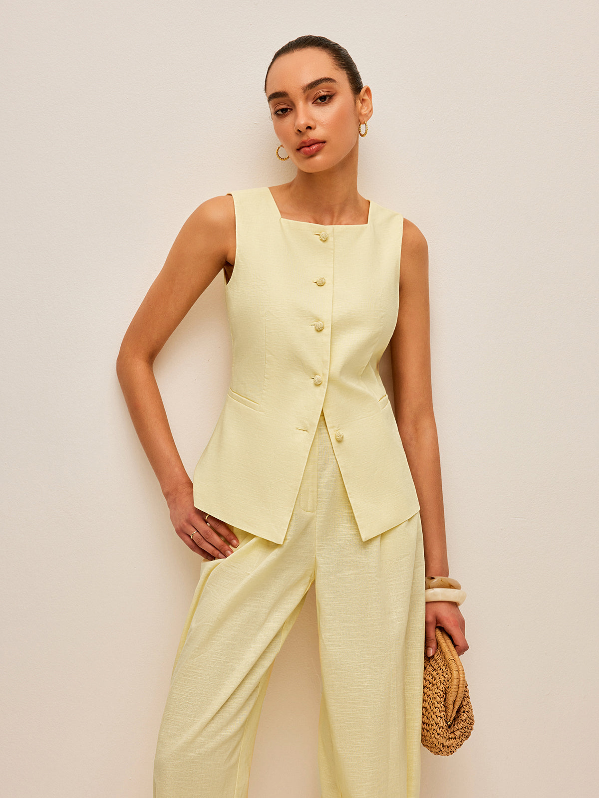 Cotton & Linen Tie-Back Vest With Pockets Pants Set-Chicvia