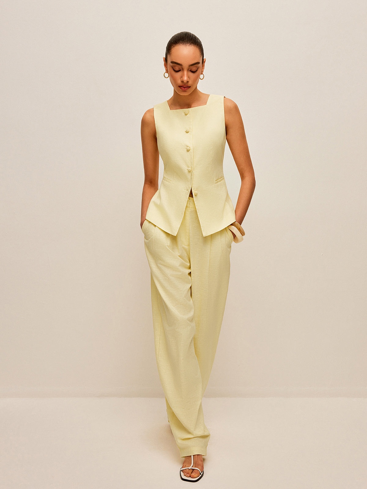 Cotton & Linen Tie-Back Vest With Pockets Pants Set-Chicvia