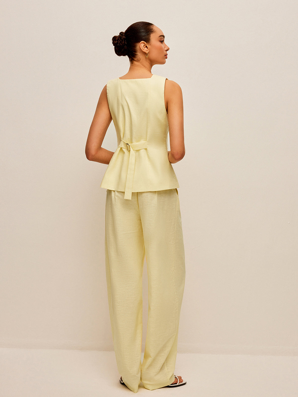 Cotton & Linen Tie-Back Vest With Pockets Pants Set-Chicvia