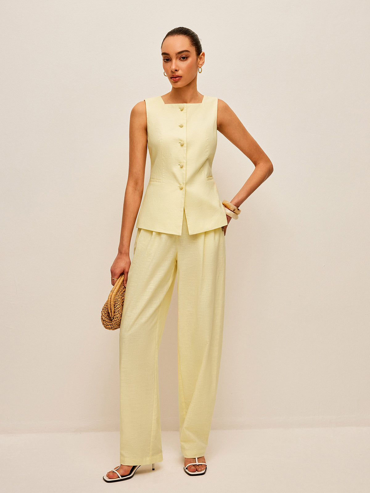 Cotton & Linen Tie-Back Vest With Pockets Pants Set-Chicvia