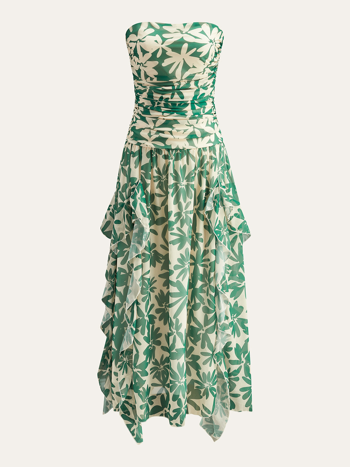 Floral Print Strapless Dress With Ruffled Detail-Chicvia