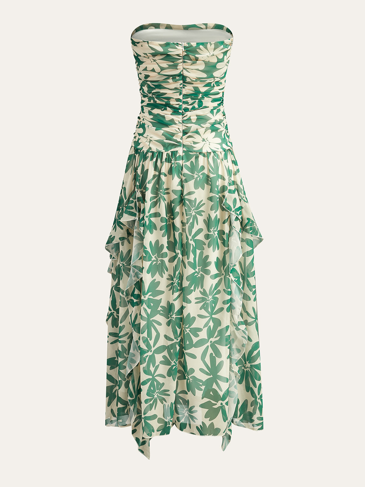 Floral Print Strapless Dress With Ruffled Detail-Chicvia