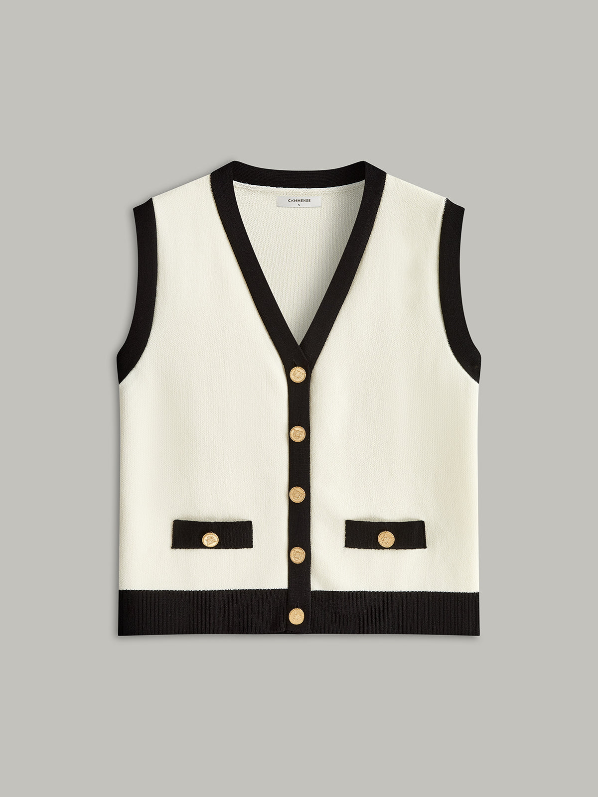 Contrast Trim Metal Button Decor Pocket Sweater Vest-Chicvia