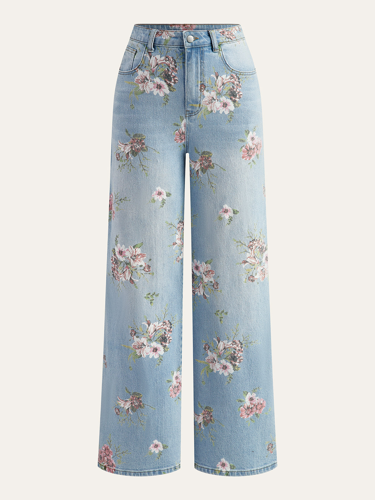 Floral Print Mid-Waist Denim Pants-Chicvia