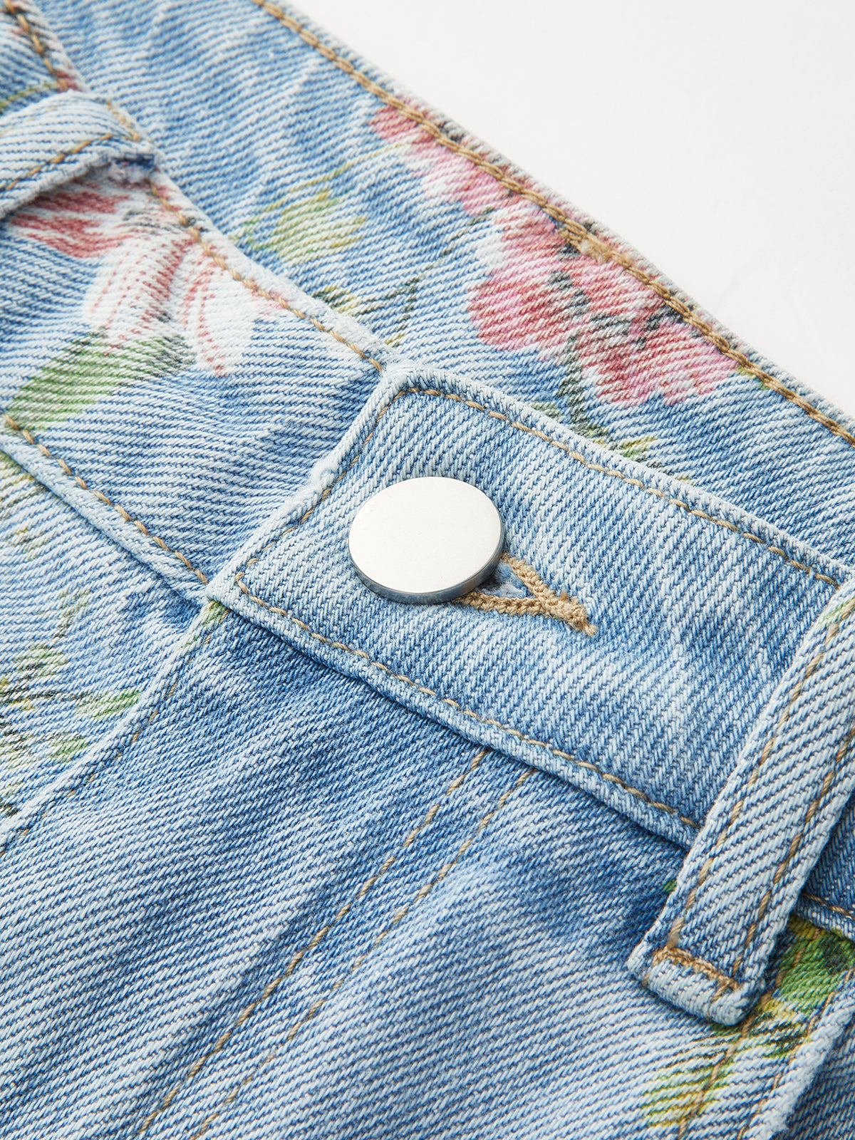 Floral Print Mid-Waist Denim Pants-Chicvia