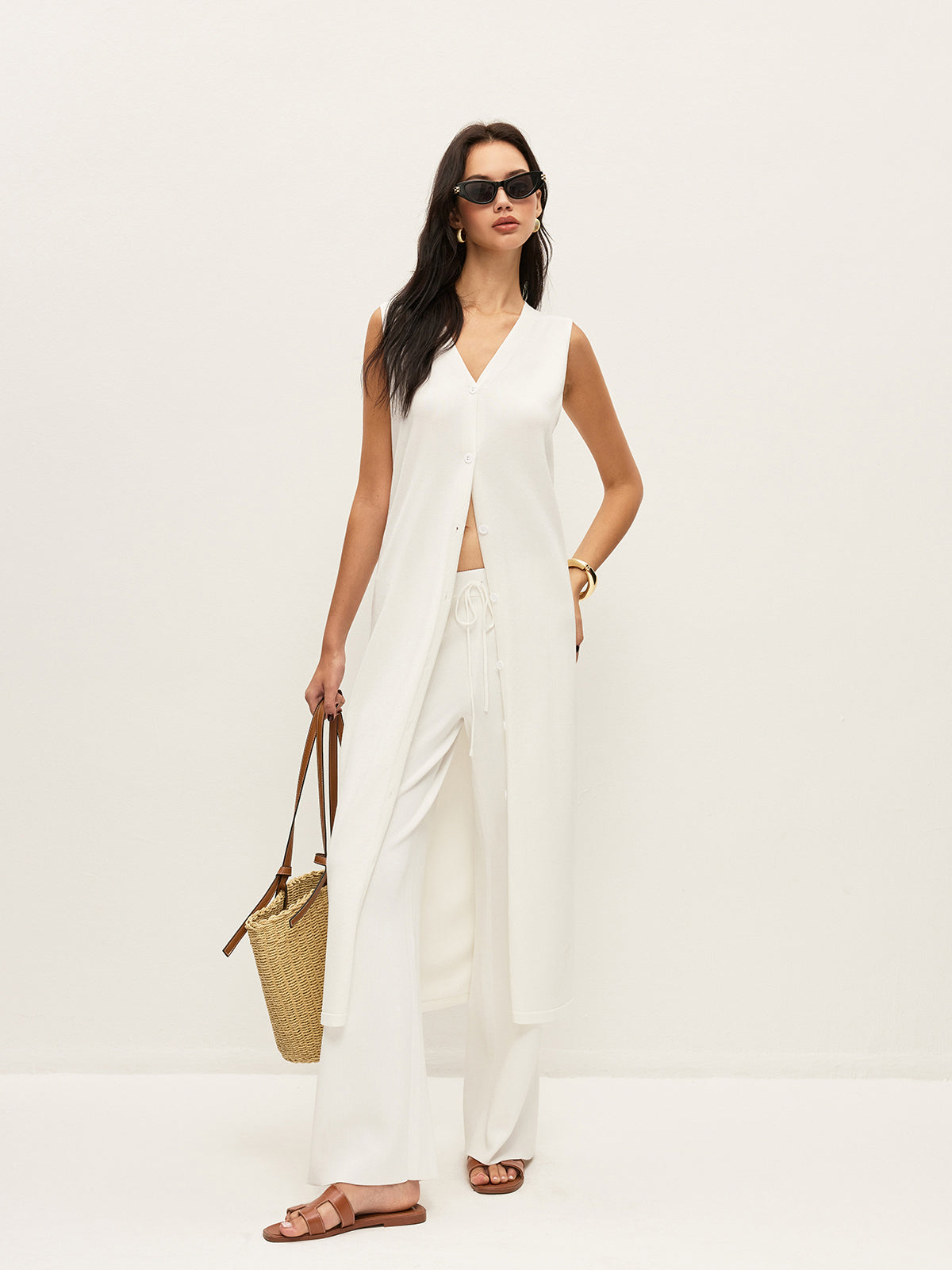 Buttoned V-Neck Cardigan Dress-Chicvia