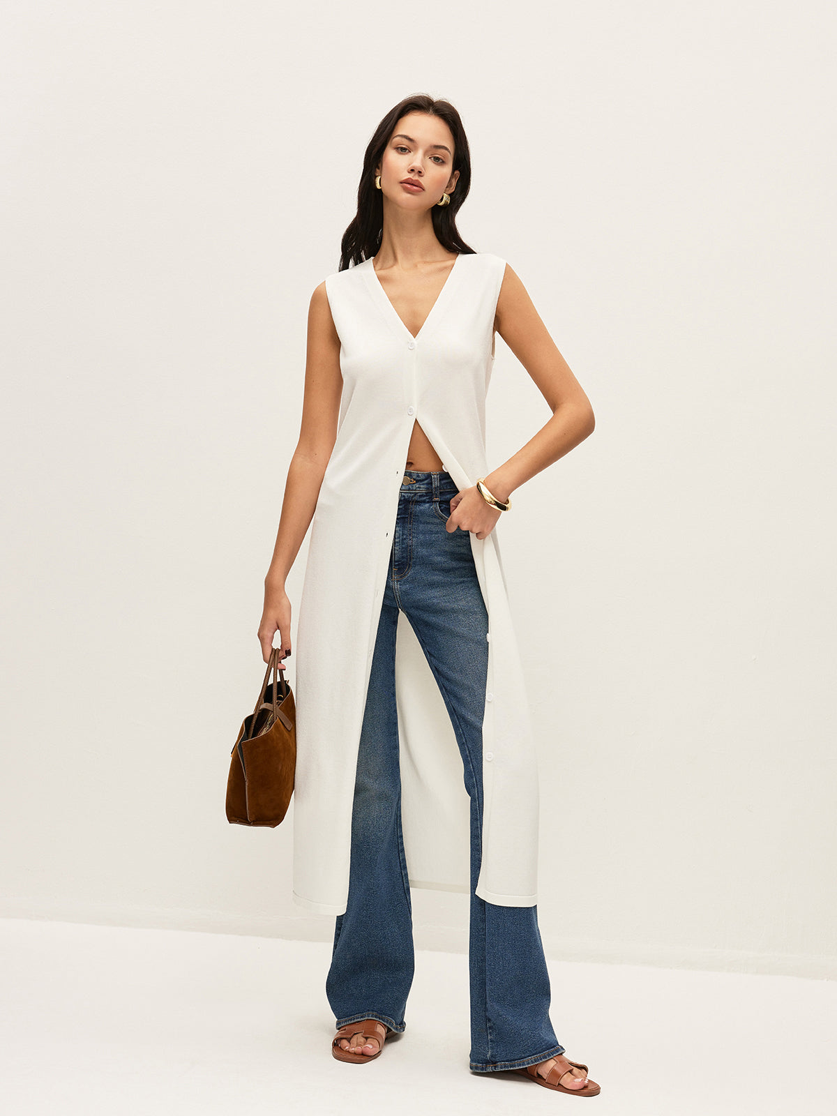 Buttoned V-Neck Cardigan Dress-Chicvia