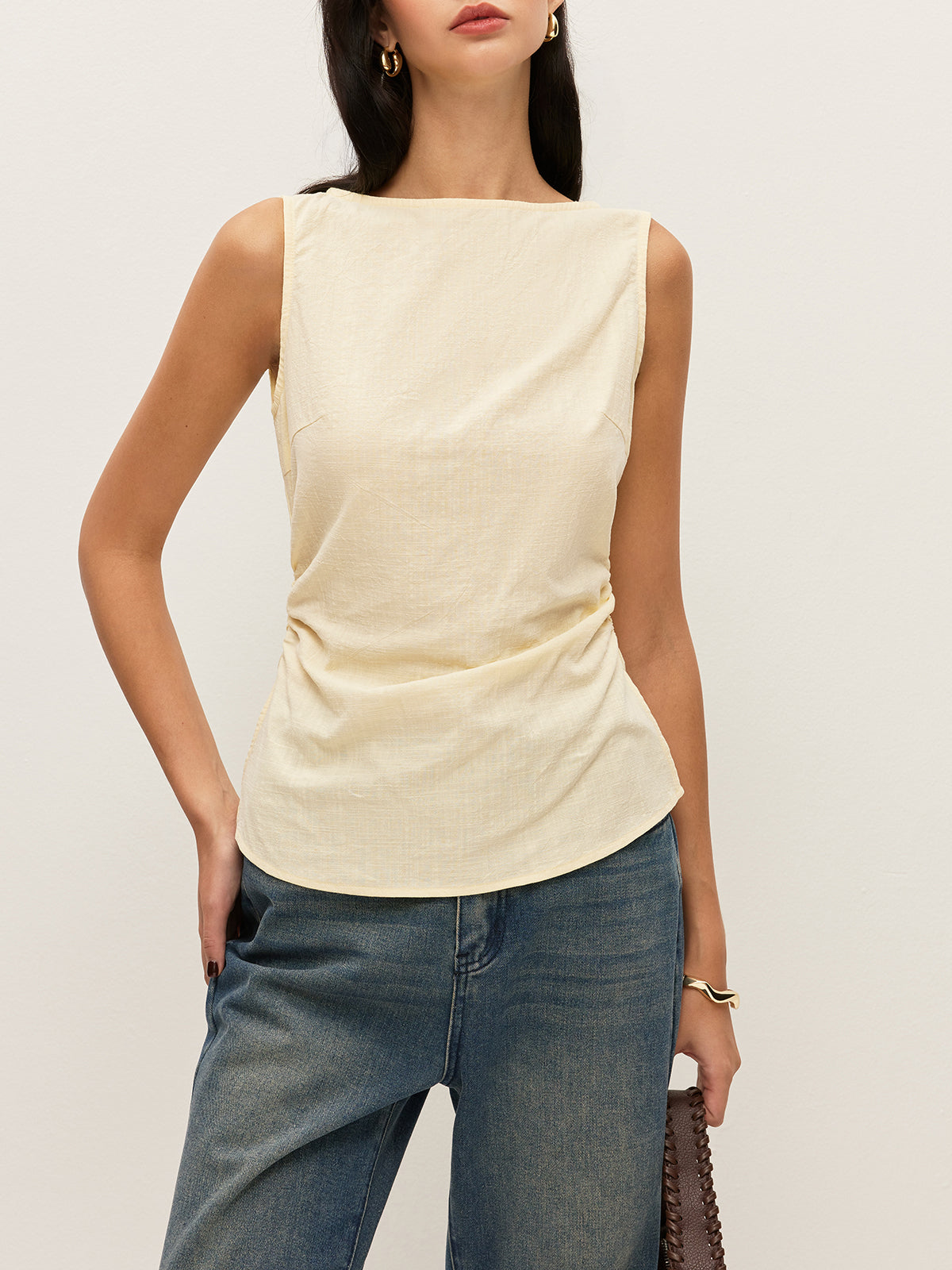 Cotton Solid Boat Neck Ruched Waist Sleeveless Blouse-Chicvia