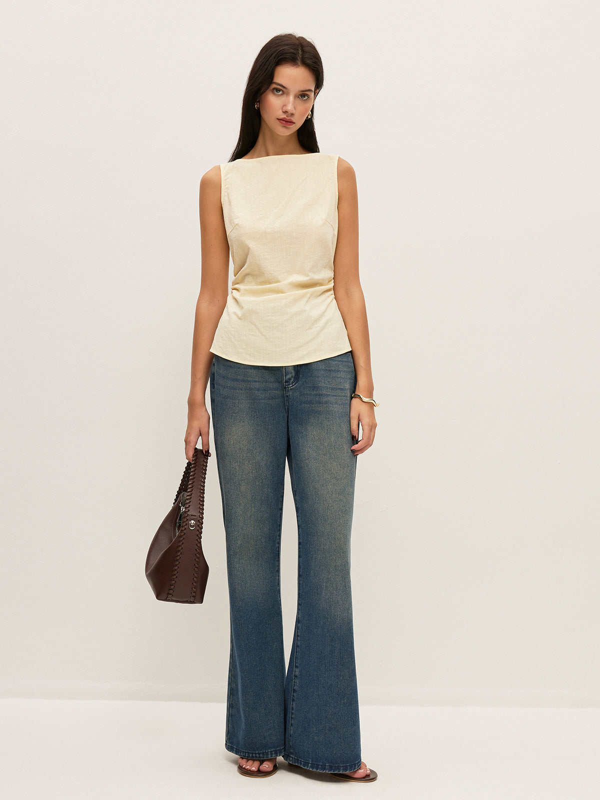 Cotton Solid Boat Neck Ruched Waist Sleeveless Blouse-Chicvia