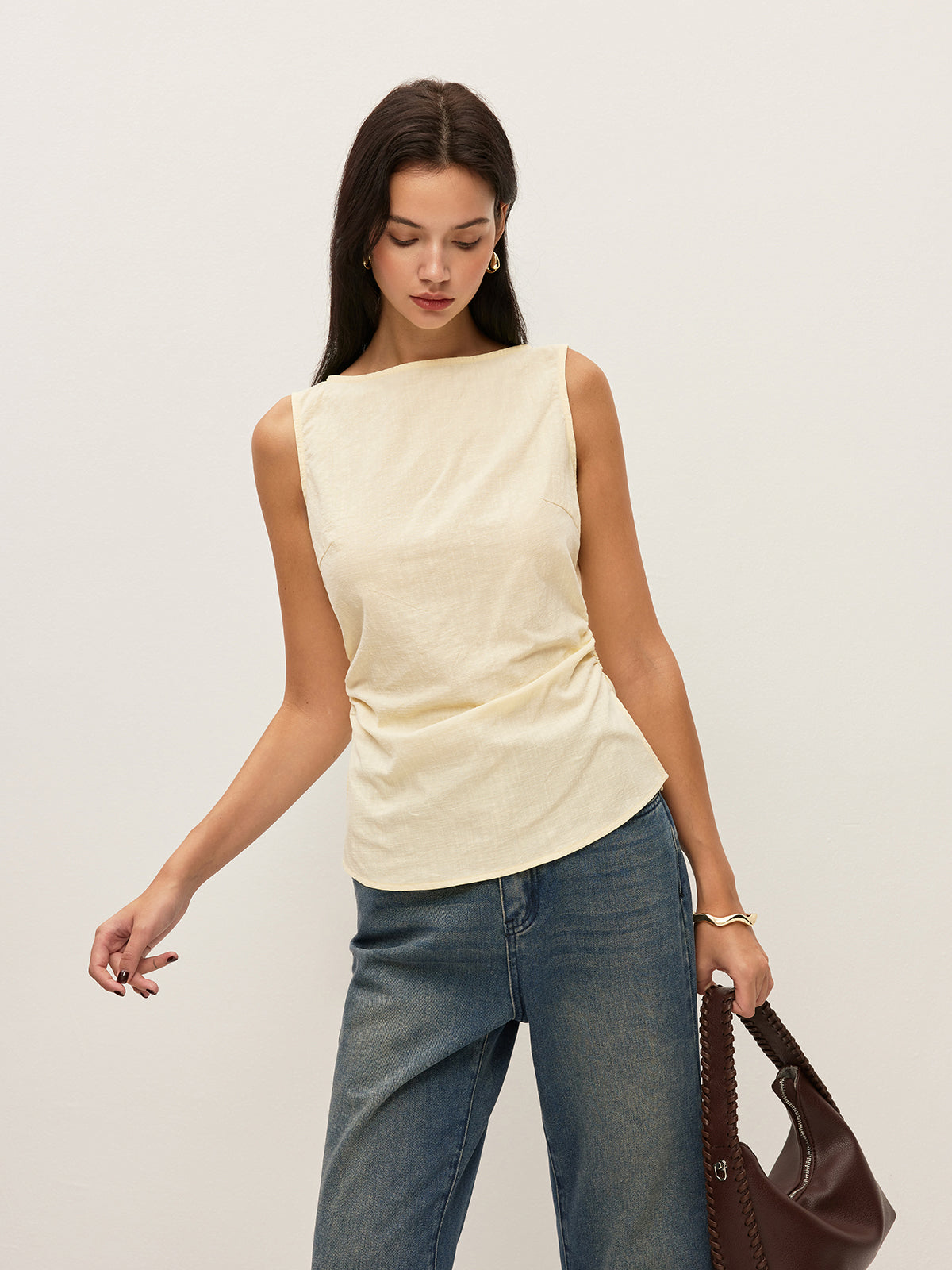 Cotton Solid Boat Neck Ruched Waist Sleeveless Blouse-Chicvia