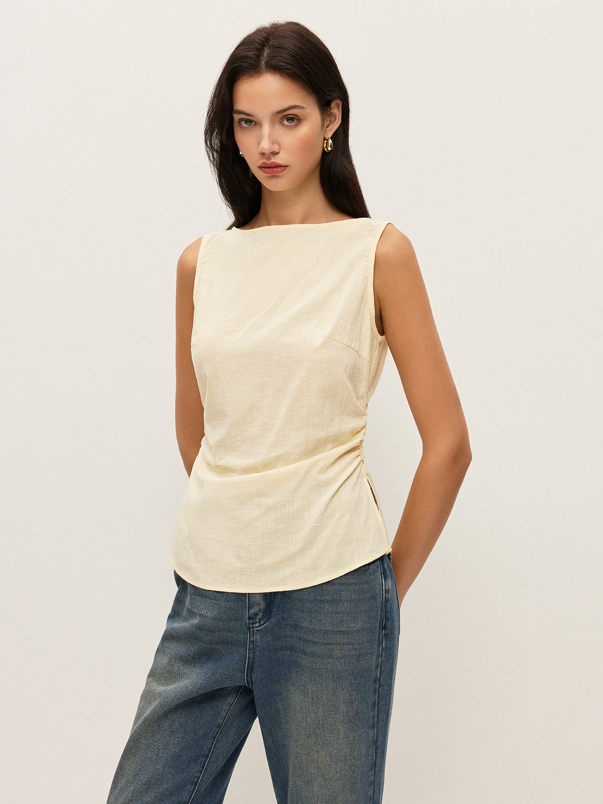 Cotton Solid Boat Neck Ruched Waist Sleeveless Blouse-Chicvia