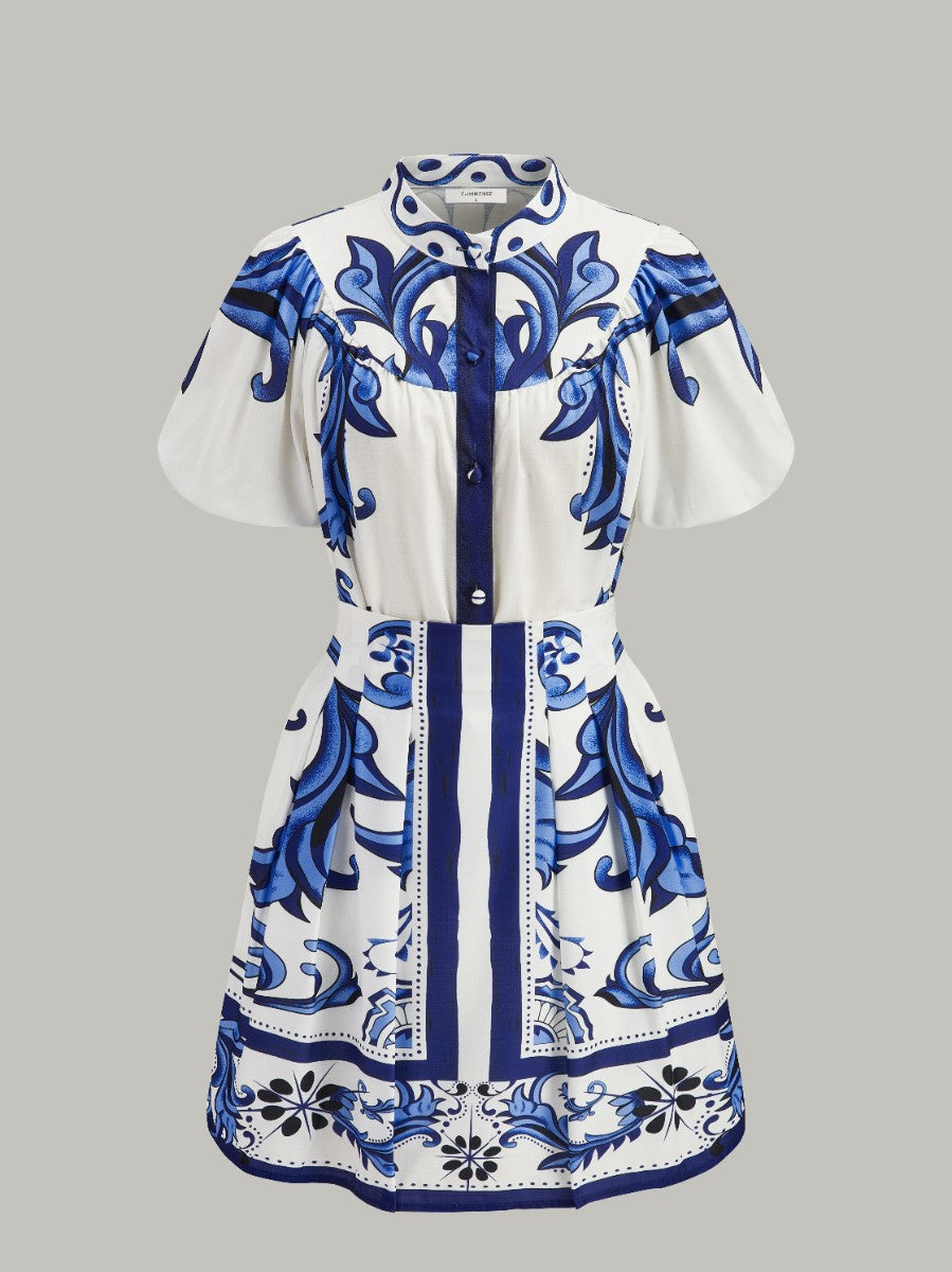 Floral Print Puff Sleeve Skirt Set With Pockets-Chicvia