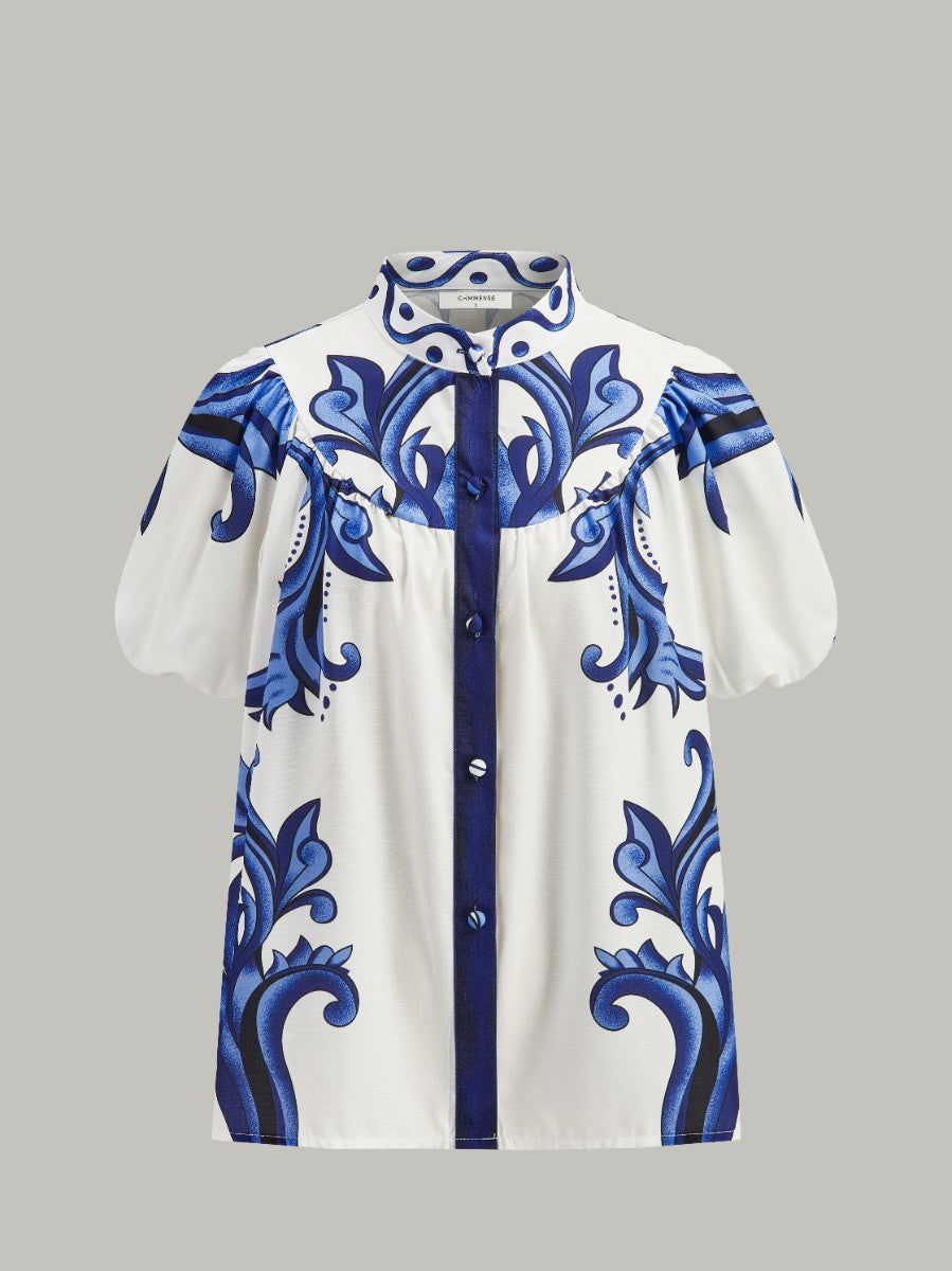 Floral Print Puff Sleeve Skirt Set With Pockets-Chicvia