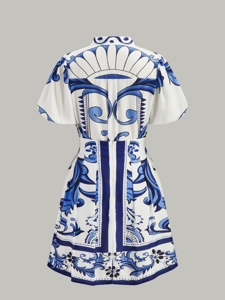 Floral Print Puff Sleeve Skirt Set With Pockets-Chicvia