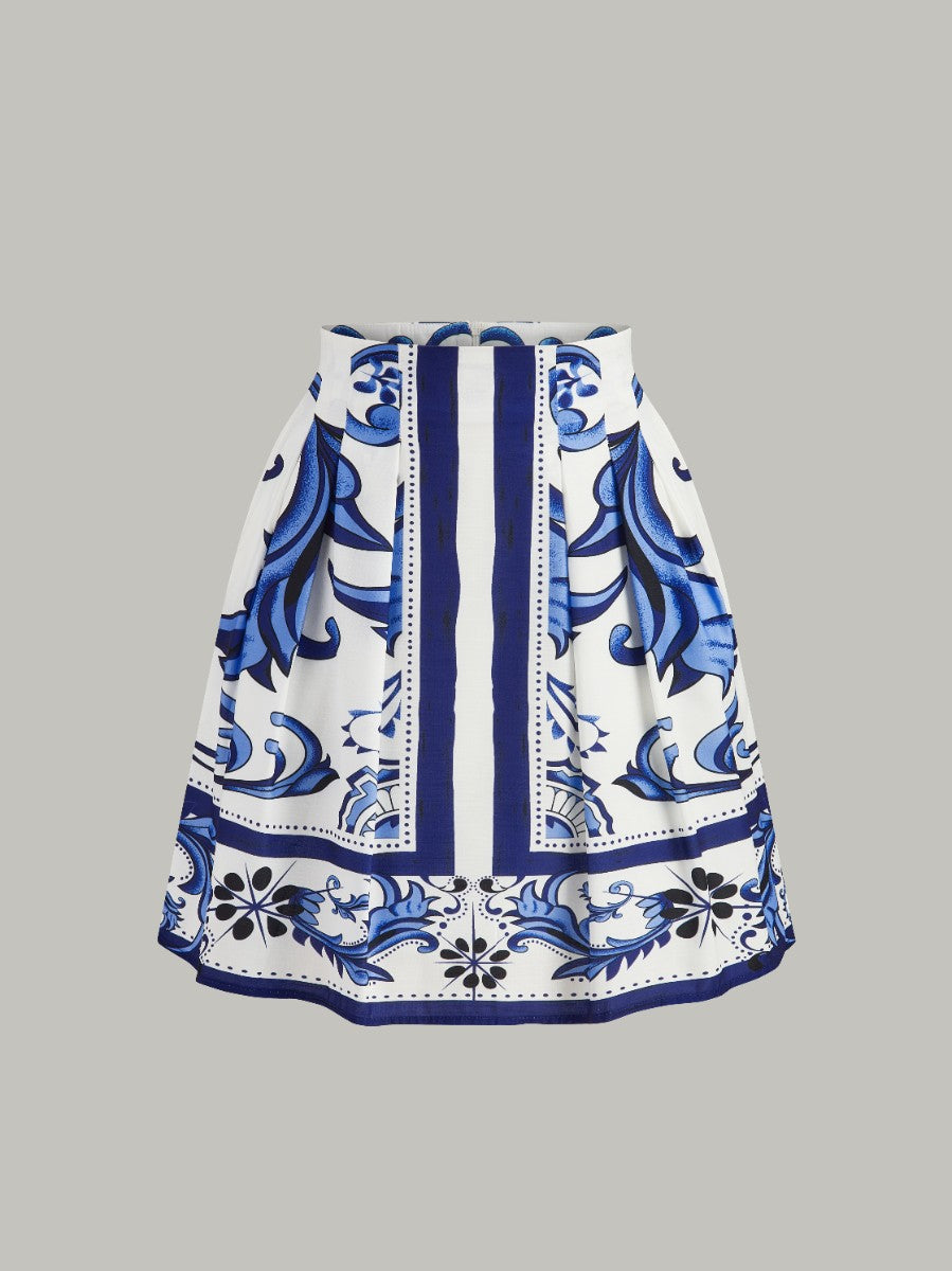 Floral Print Puff Sleeve Skirt Set With Pockets-Chicvia