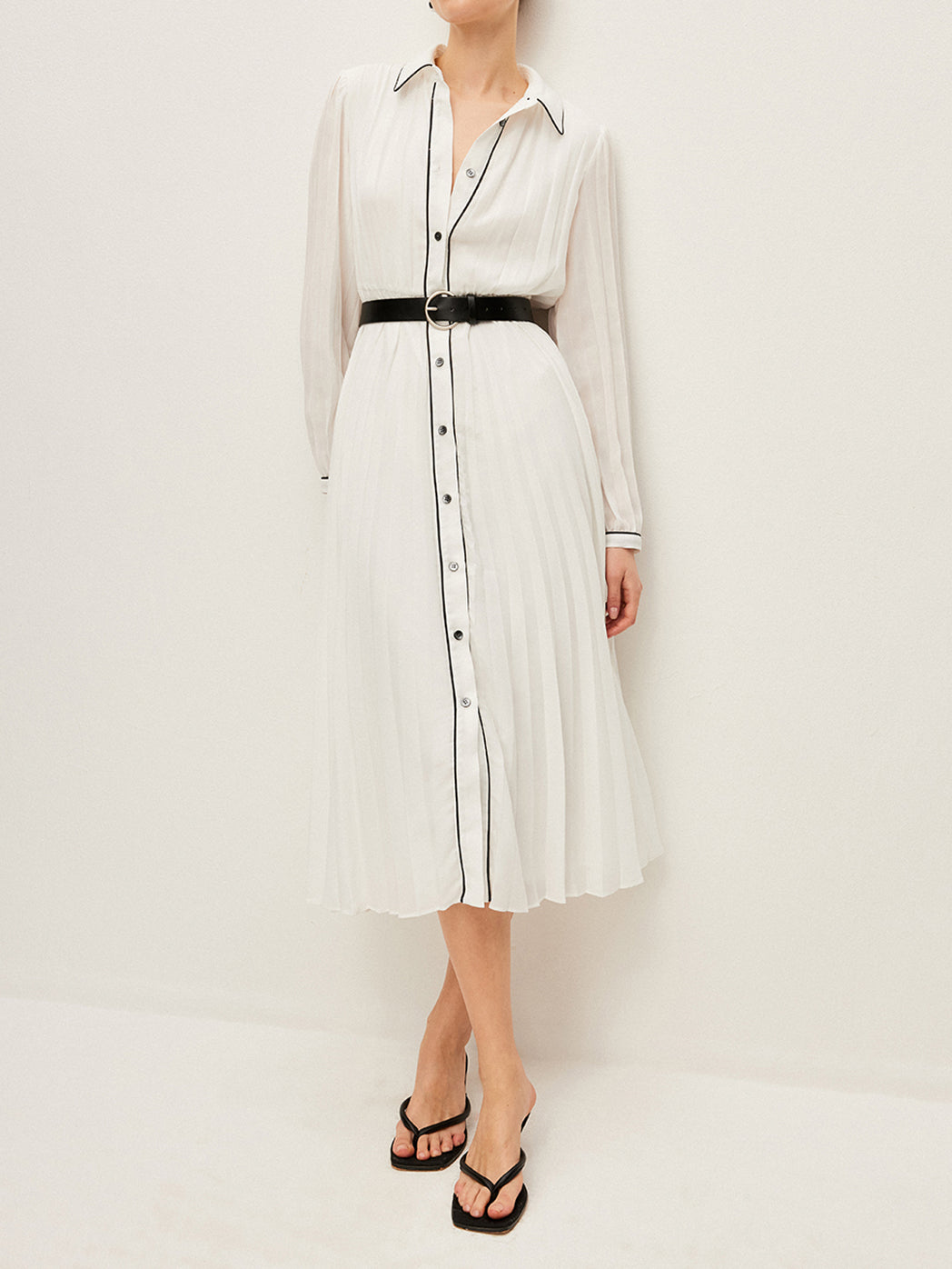 Button-Front Pleated Dress With Belt-Chicvia