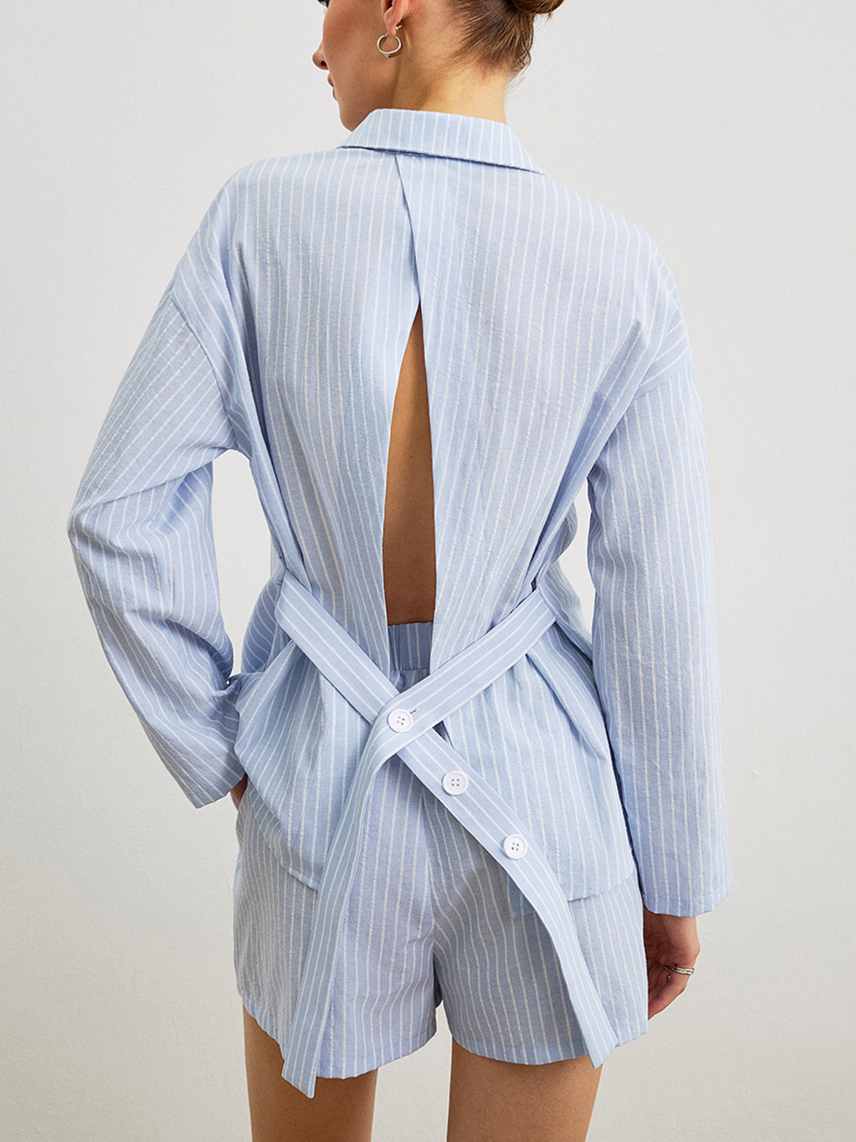 Cotton Striped Back Tie Shirt Shorts Set-Chicvia