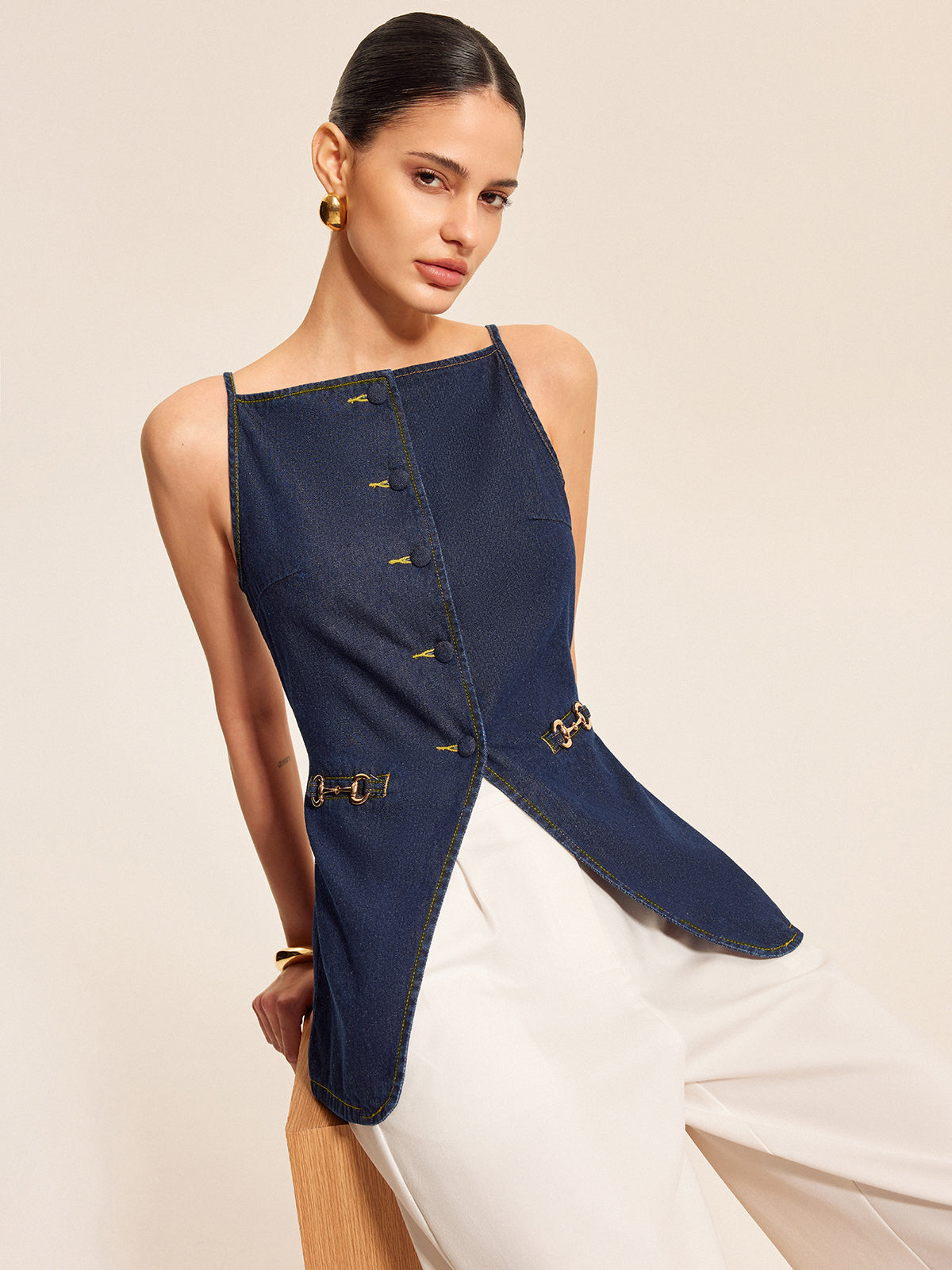 Button Detail Denim Shorts Set With Buckle Accents-Chicvia