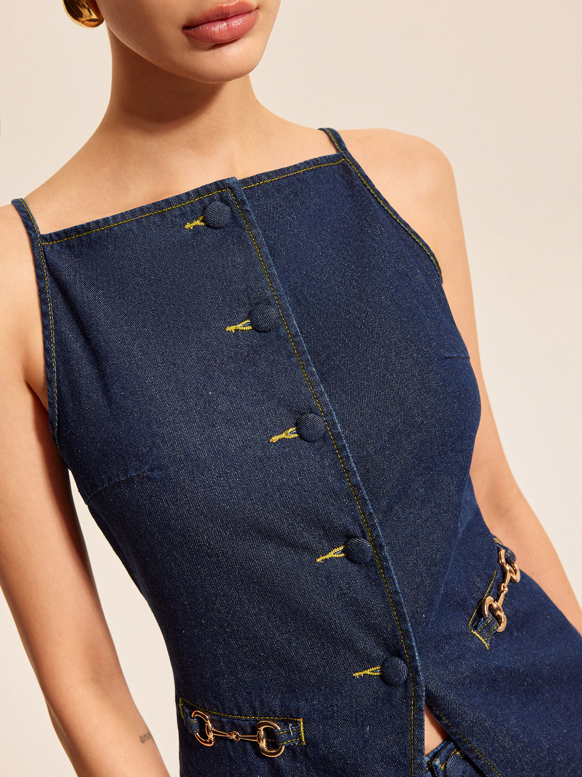 Button Detail Denim Shorts Set With Buckle Accents-Chicvia