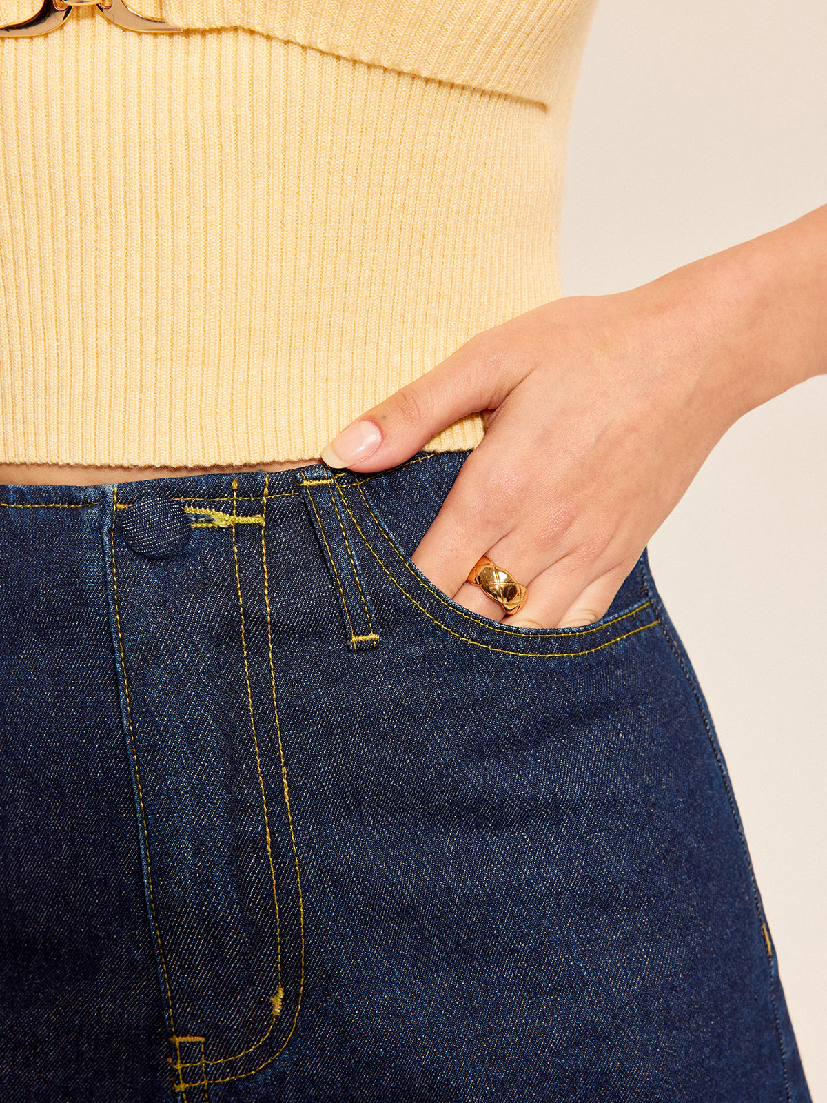 Button Detail Denim Shorts Set With Buckle Accents-Chicvia