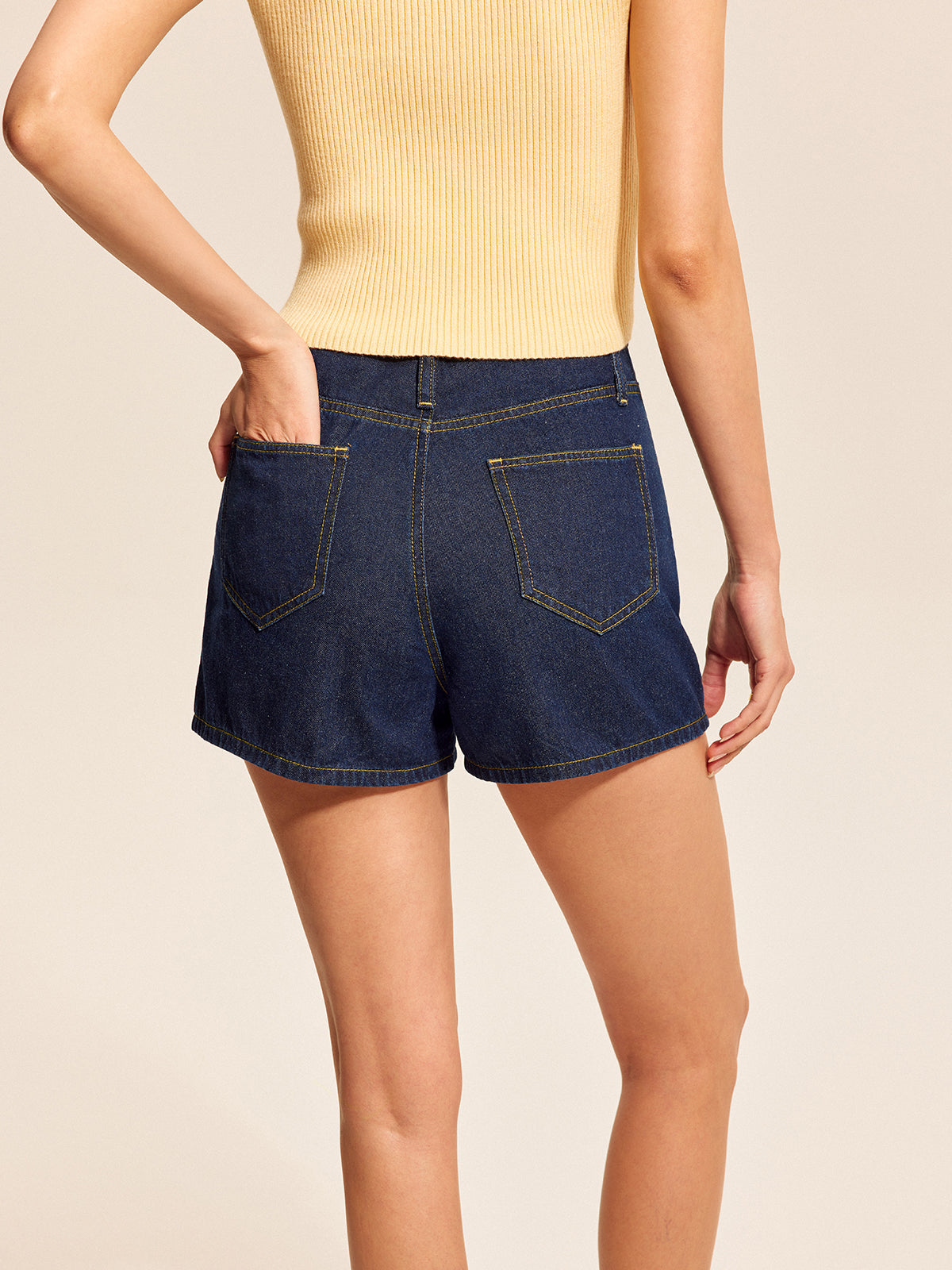Button Detail Denim Shorts Set With Buckle Accents-Chicvia