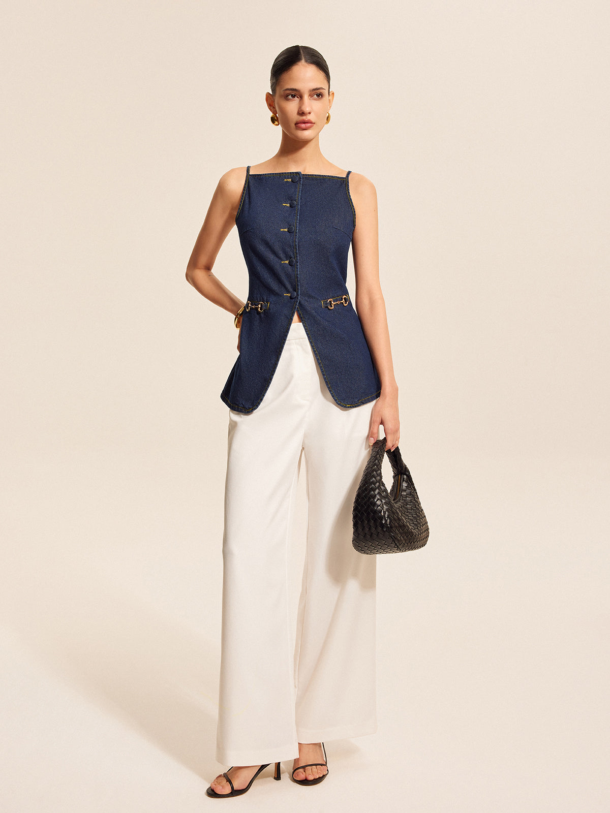 Button Detail Denim Shorts Set With Buckle Accents-Chicvia