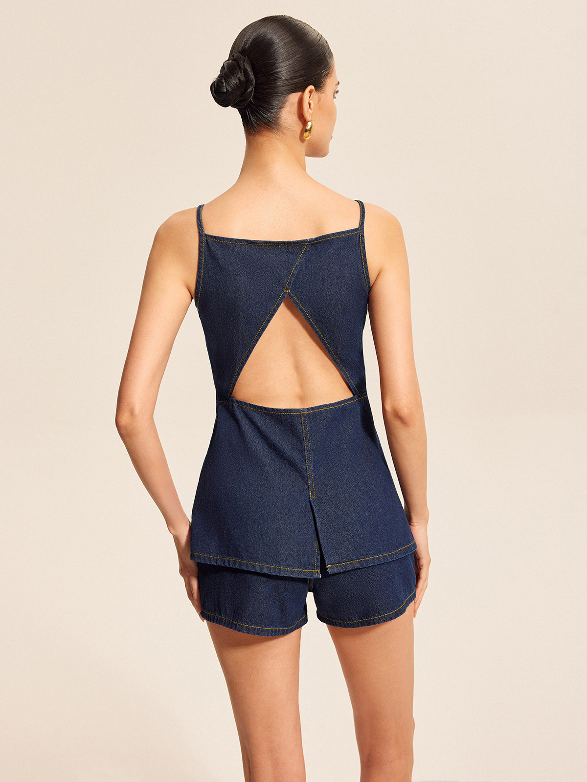 Button Detail Denim Shorts Set With Buckle Accents-Chicvia