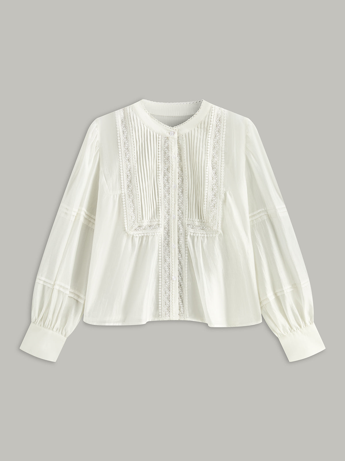 Pleated Lace Trim Button-Up Blouse-Chicvia