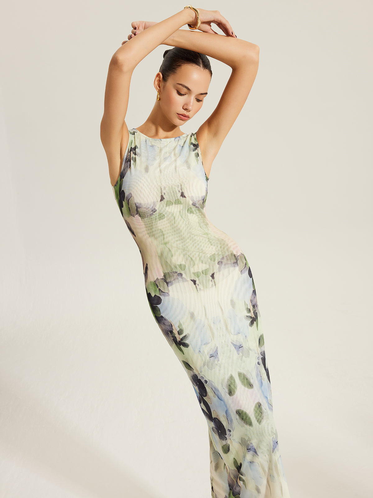 Floral Print Sleeveless Mesh Dress-Chicvia