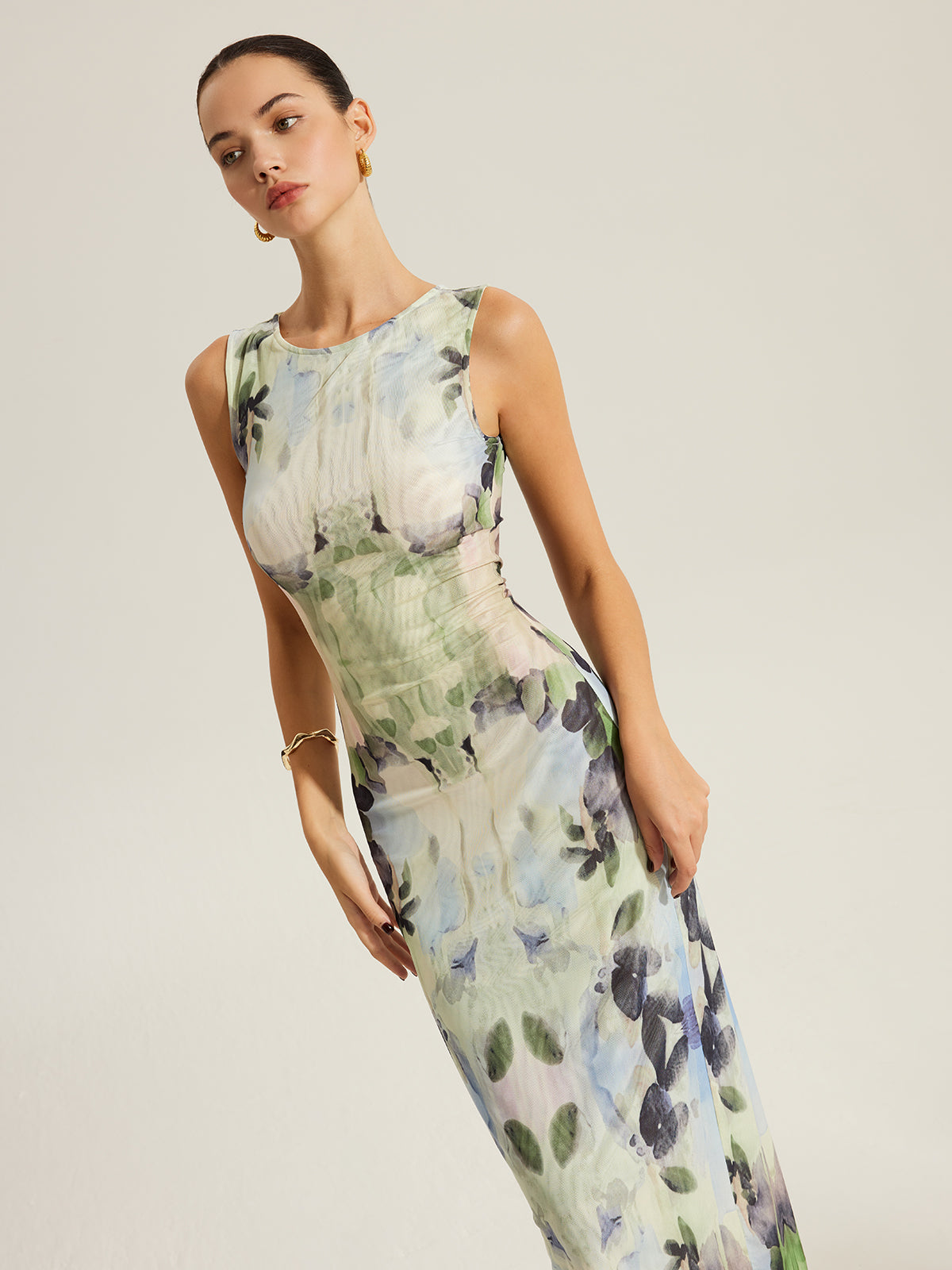 Floral Print Sleeveless Mesh Dress-Chicvia