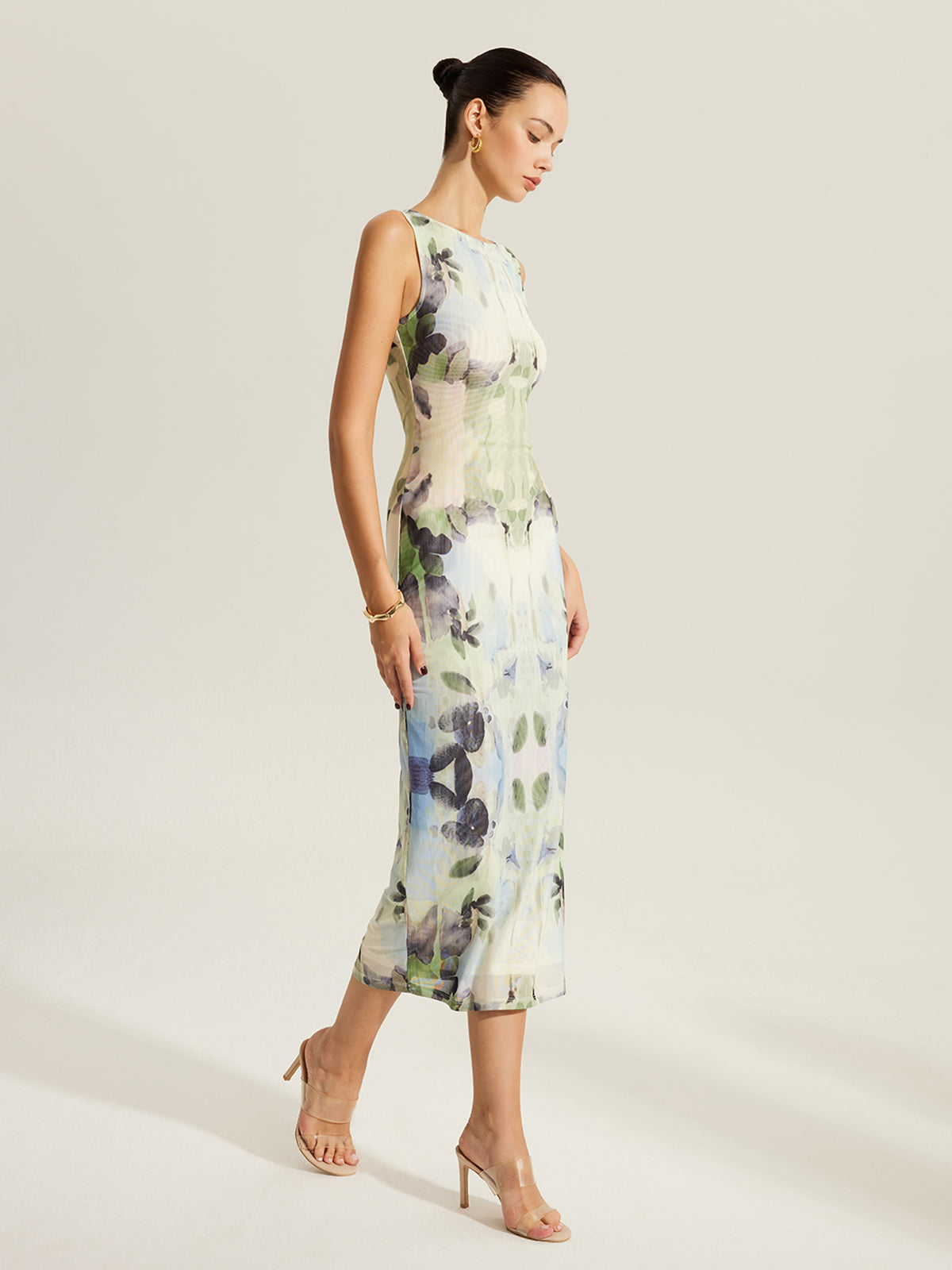 Floral Print Sleeveless Mesh Dress-Chicvia