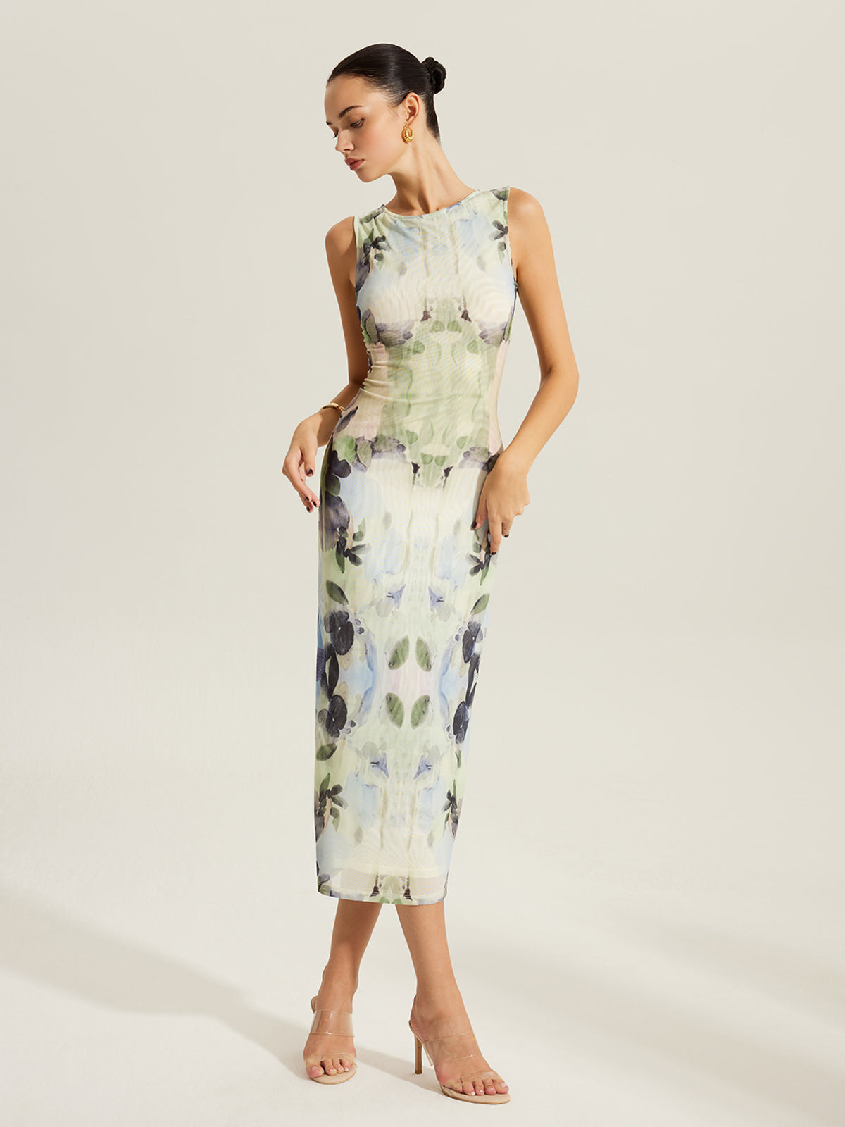 Floral Print Sleeveless Mesh Dress-Chicvia