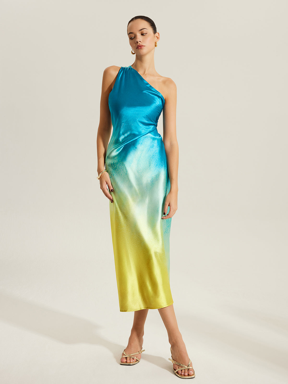 Gradient Satin One-Shoulder Dress With Back Twist Detail-Chicvia