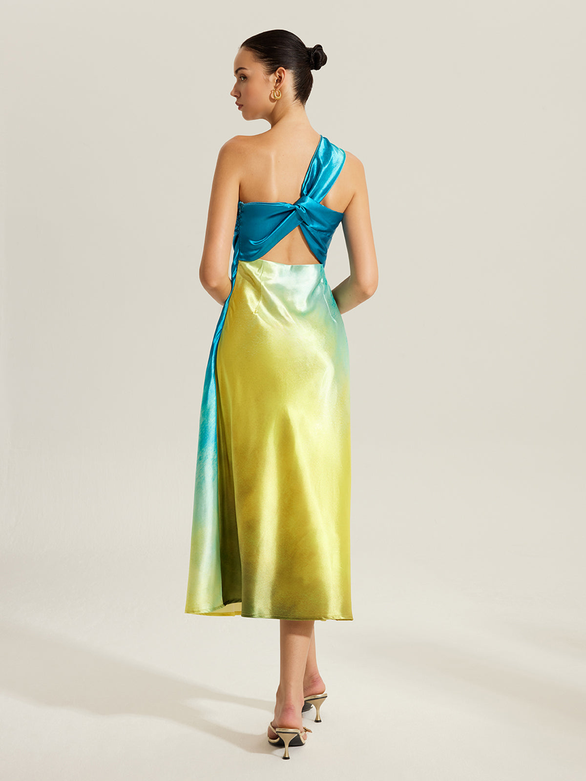 Gradient Satin One-Shoulder Dress With Back Twist Detail-Chicvia