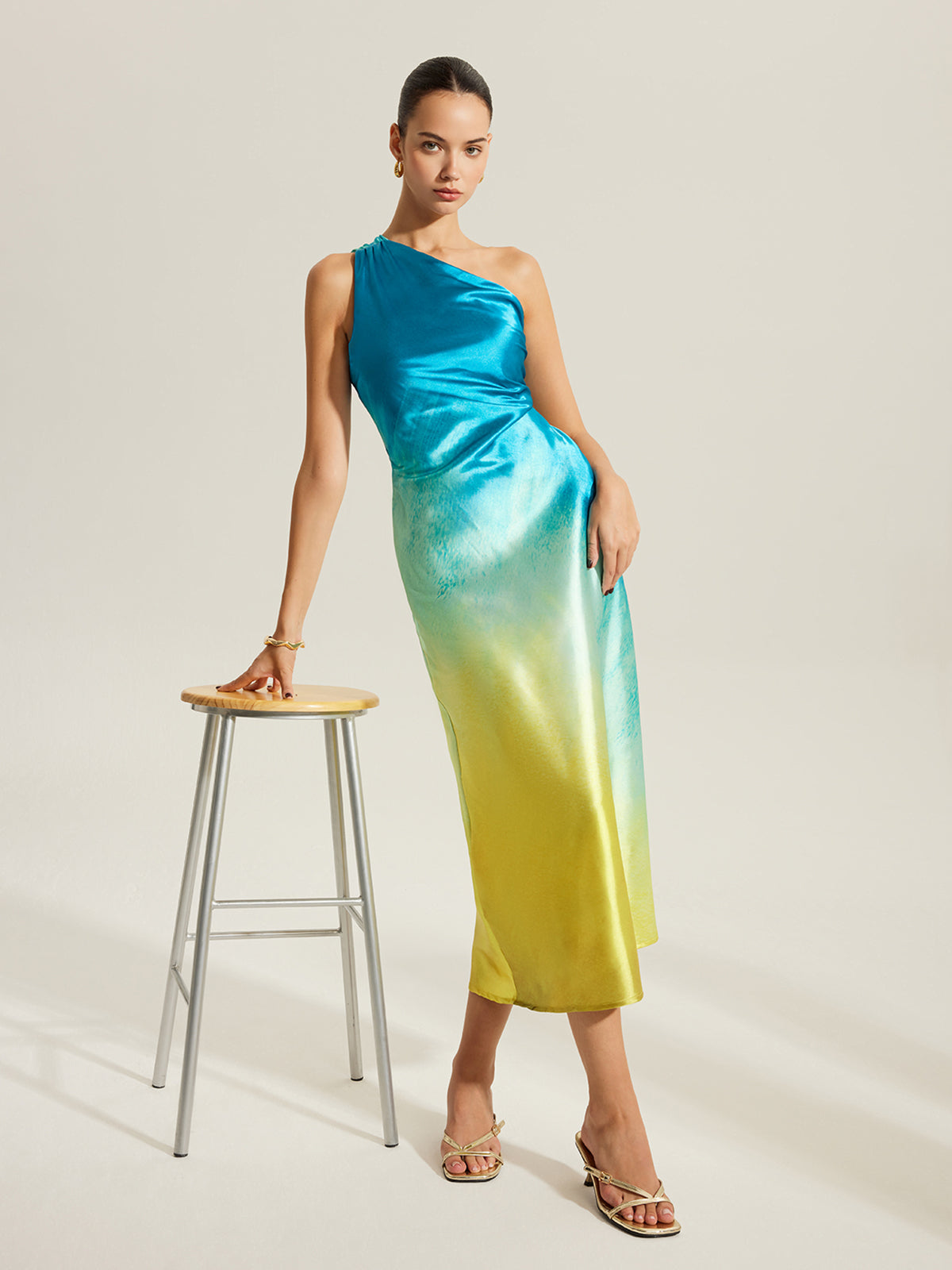 Gradient Satin One-Shoulder Dress With Back Twist Detail-Chicvia