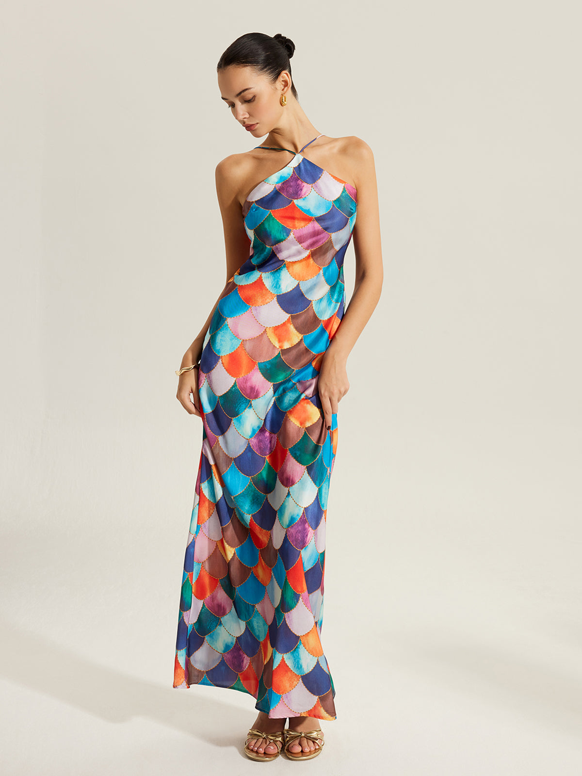 Colorful Scales Pattern Halter Dress-Chicvia