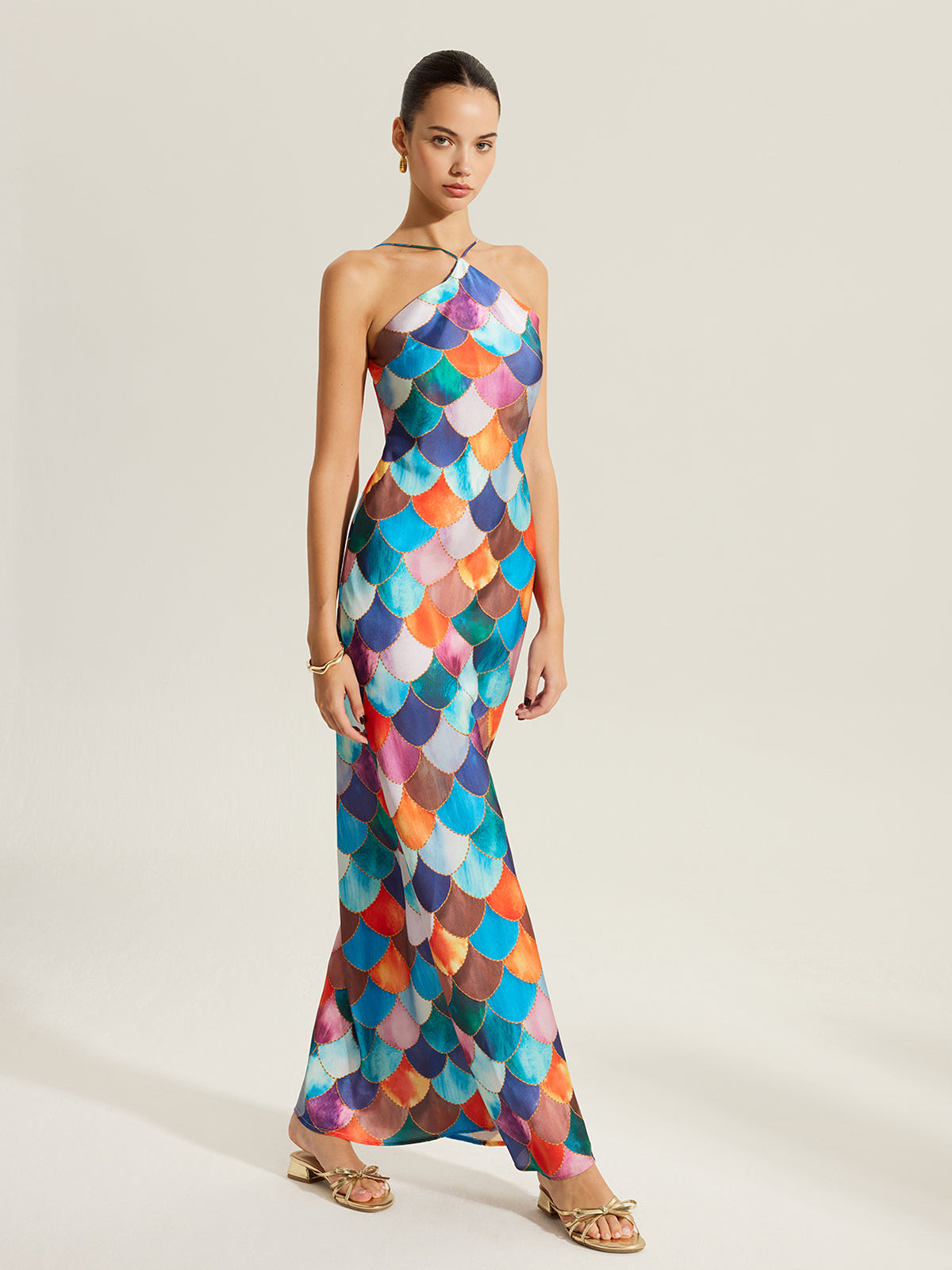 Colorful Scales Pattern Halter Dress-Chicvia