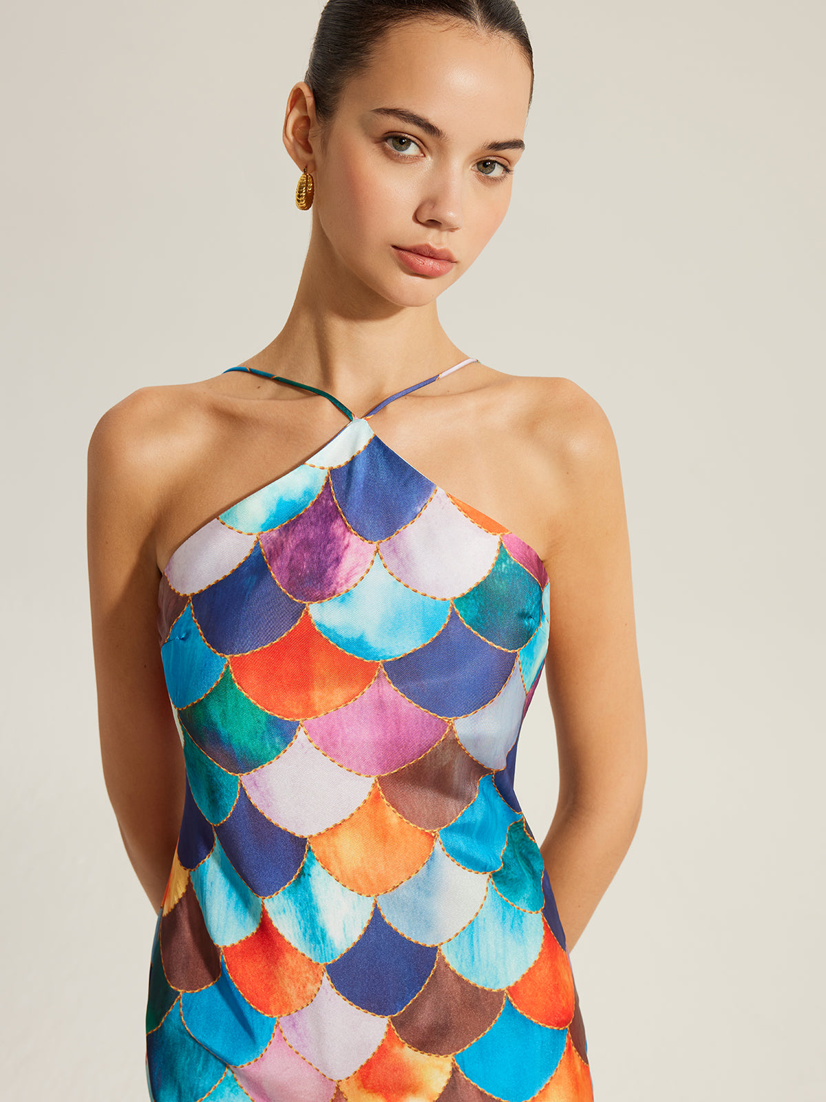 Colorful Scales Pattern Halter Dress-Chicvia