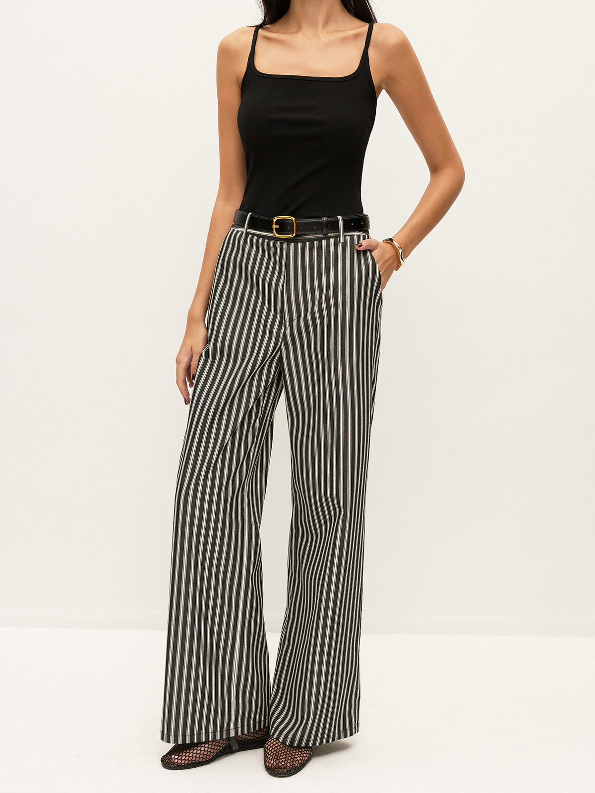 Mid-Waist Striped Pockets Pants Without Belt-Chicvia