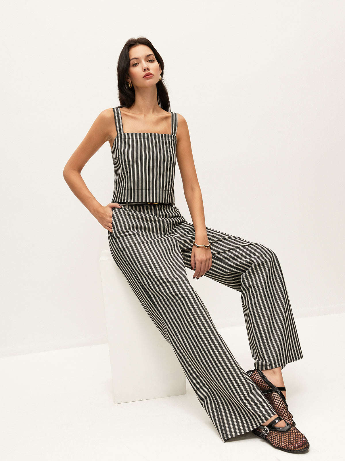 Mid-Waist Striped Pockets Pants Without Belt-Chicvia