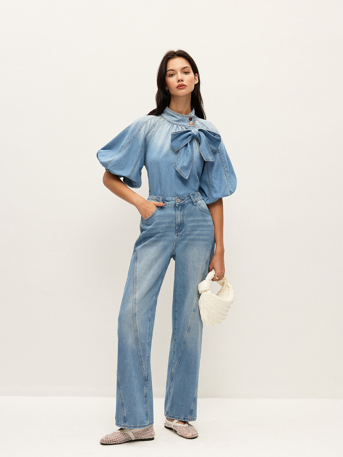 Denim Puff-Sleeve Top With Bow Detail-Chicvia