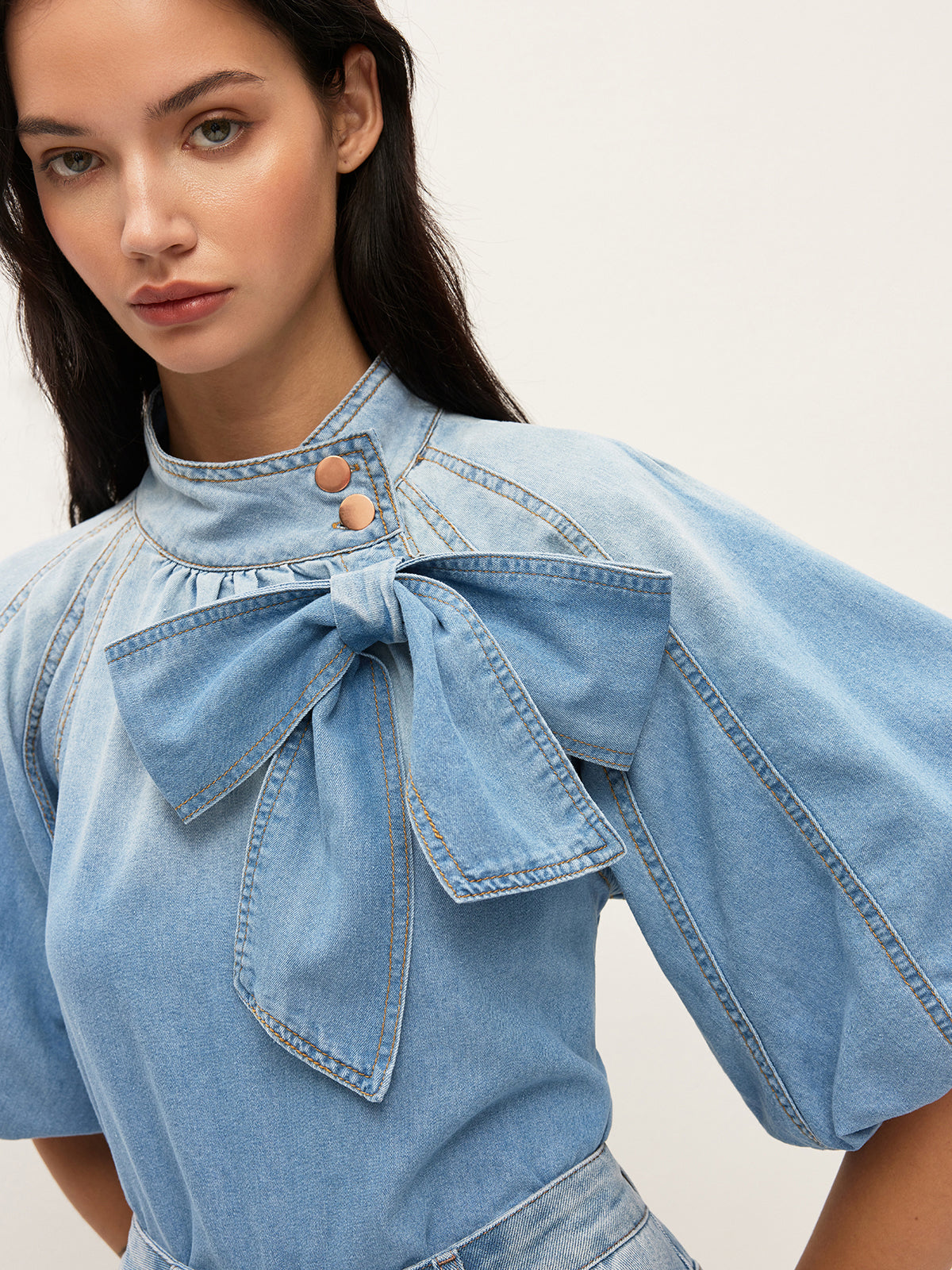 Denim Puff-Sleeve Top With Bow Detail-Chicvia