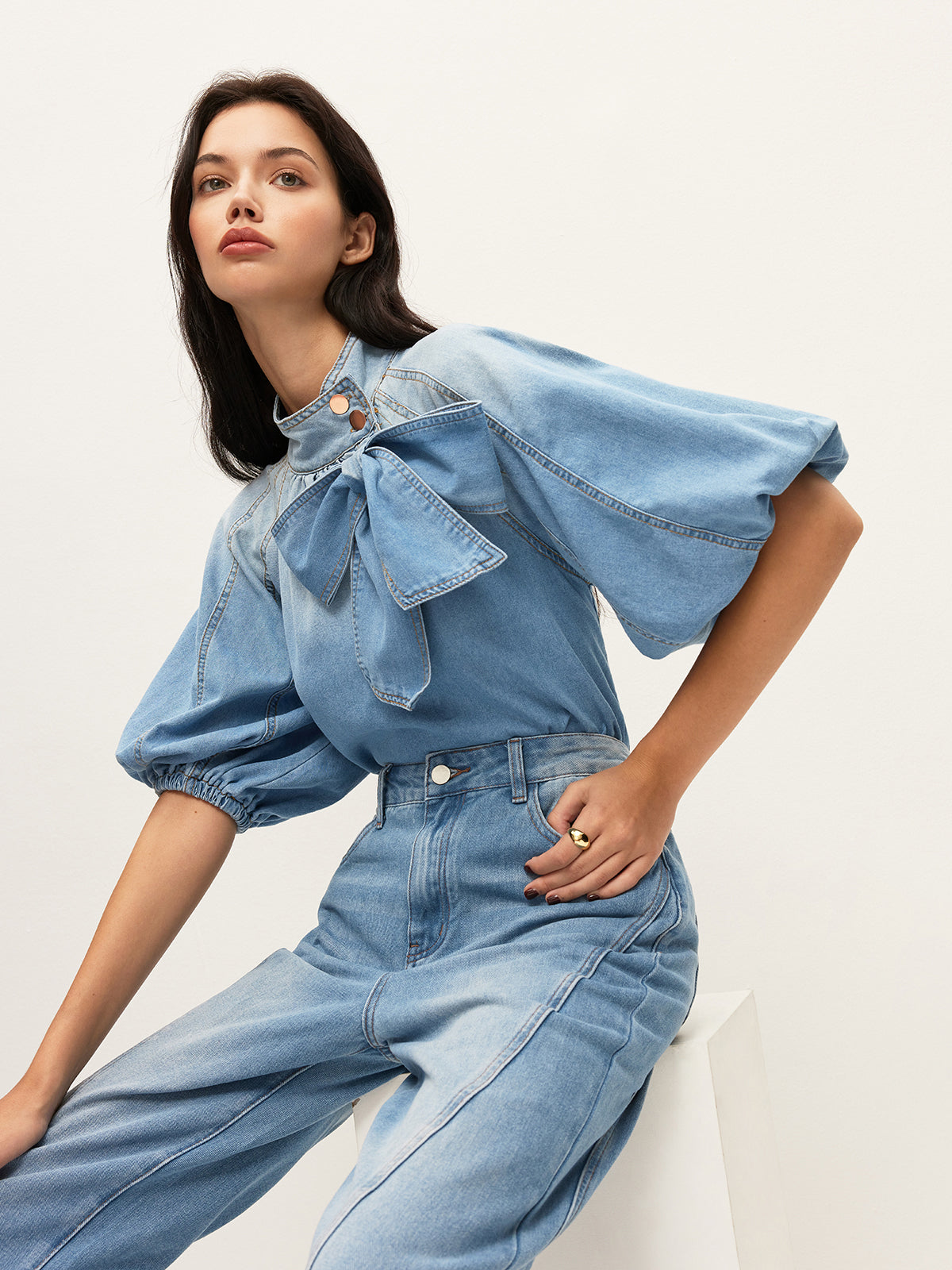 Denim Puff-Sleeve Top With Bow Detail-Chicvia