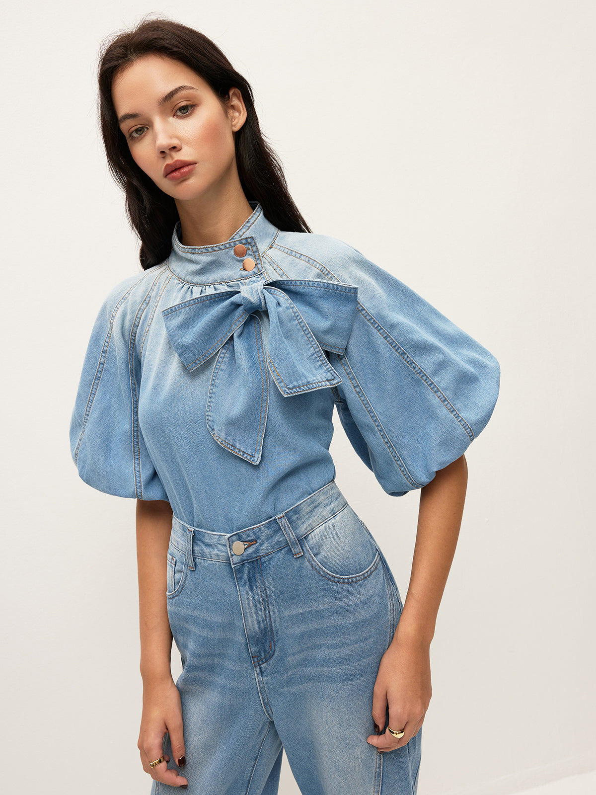 Denim Puff-Sleeve Top With Bow Detail-Chicvia