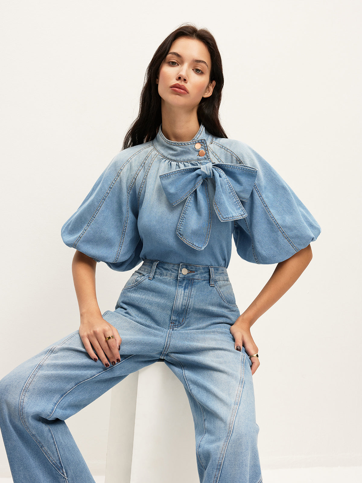 Denim Puff-Sleeve Top With Bow Detail-Chicvia