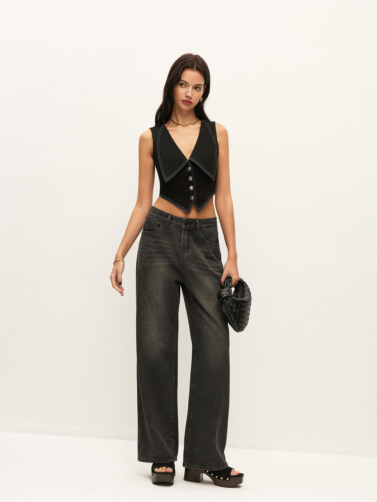 Collared Button-Down Denim Top-Chicvia