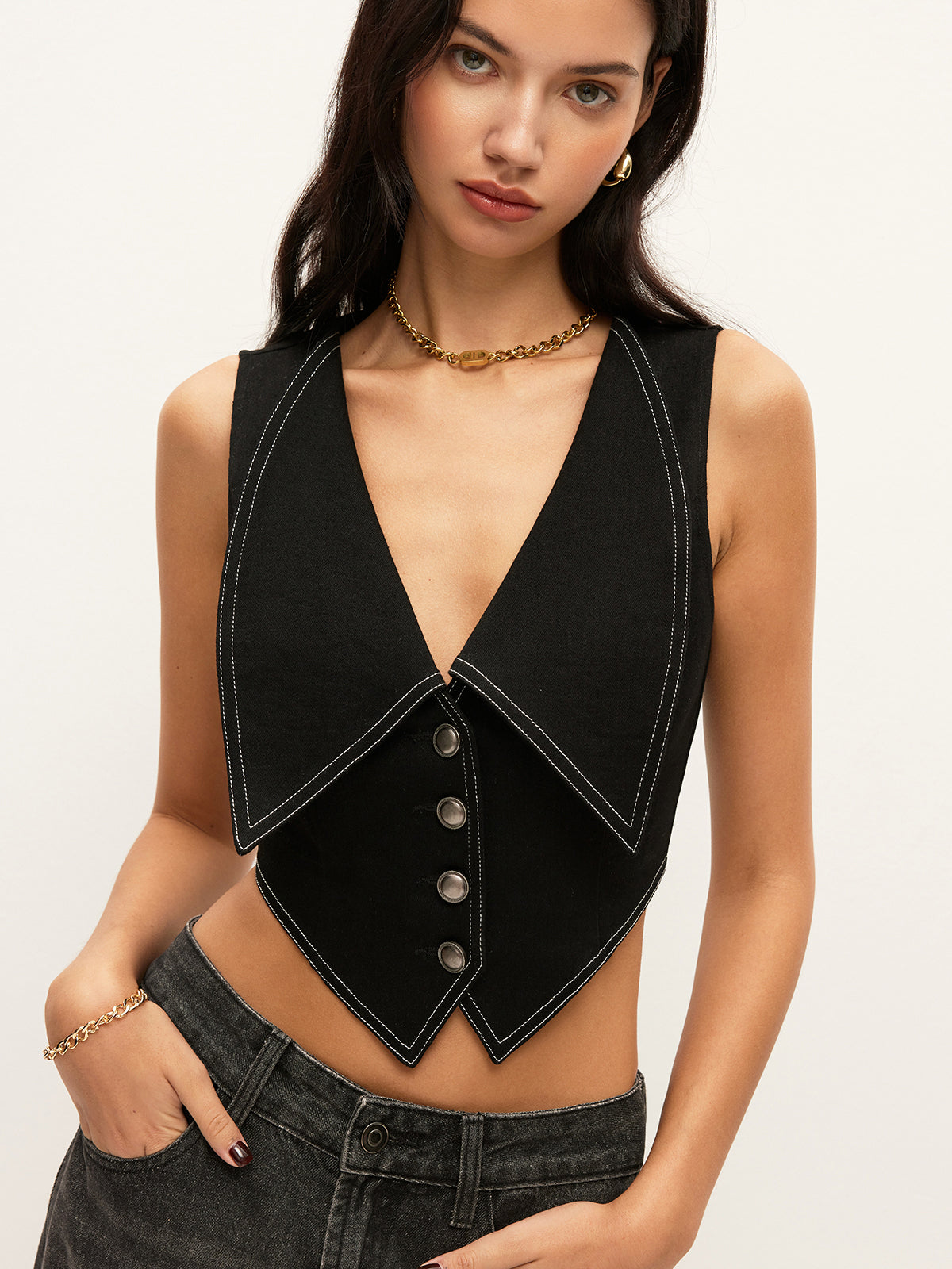 Collared Button-Down Denim Top-Chicvia