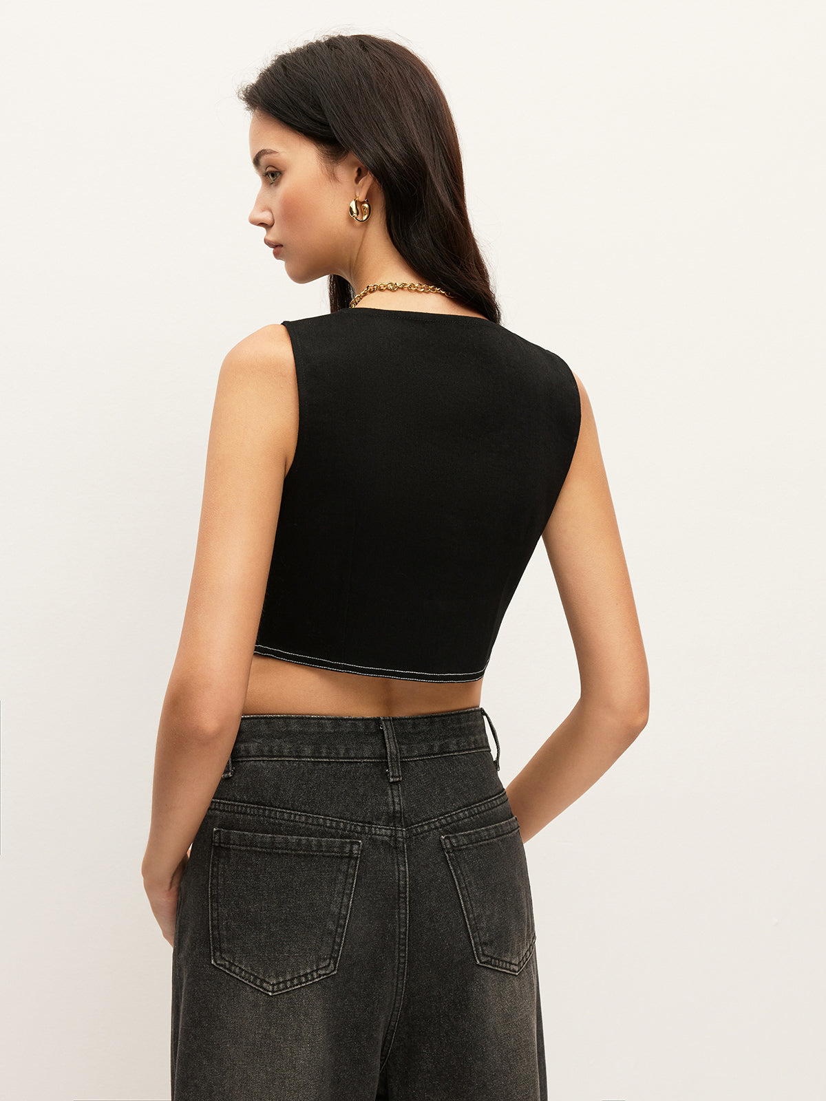 Collared Button-Down Denim Top-Chicvia