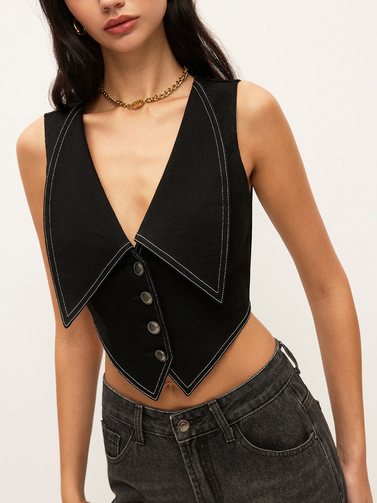 Collared Button-Down Denim Top-Chicvia