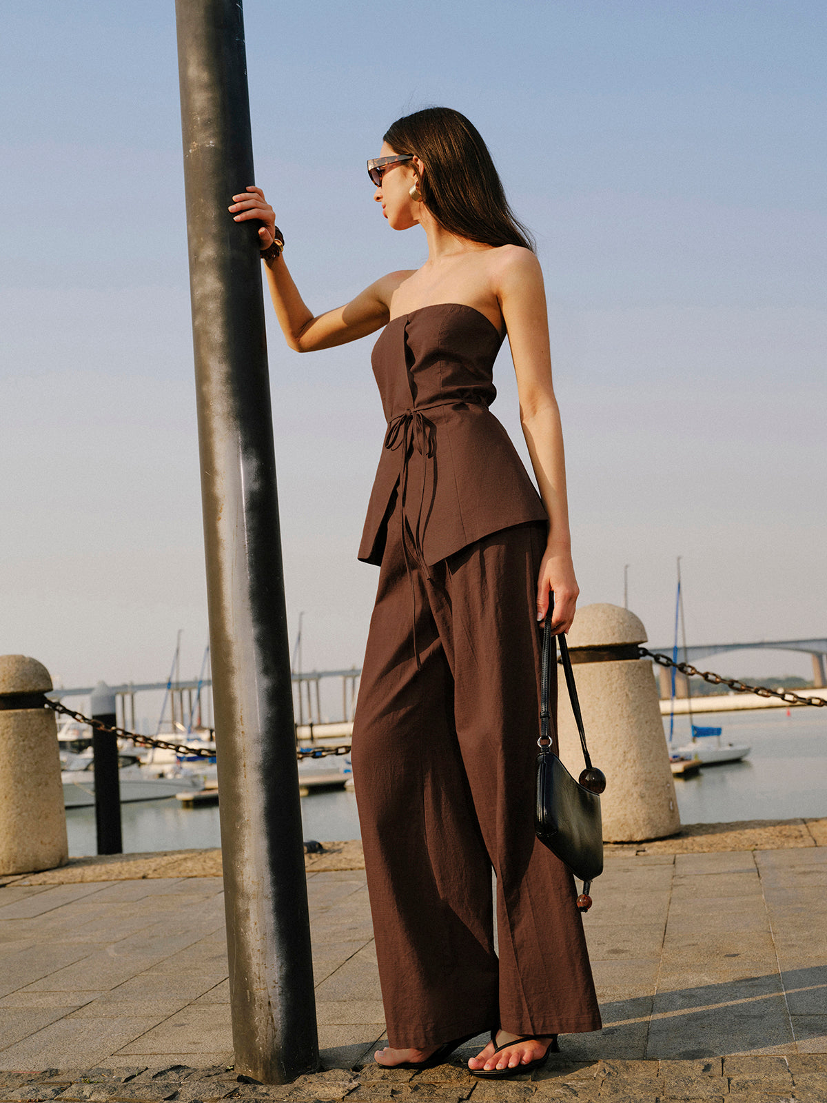 Cotton & Linen Strapless Peplum Top With Tie-Chicvia